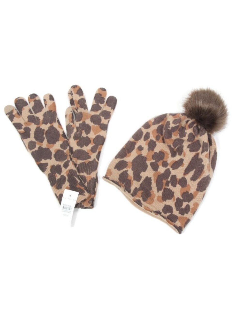 NWT Ann Taylor 100% Cashmere Leopard Brown Gloves Hat Pom Top /611